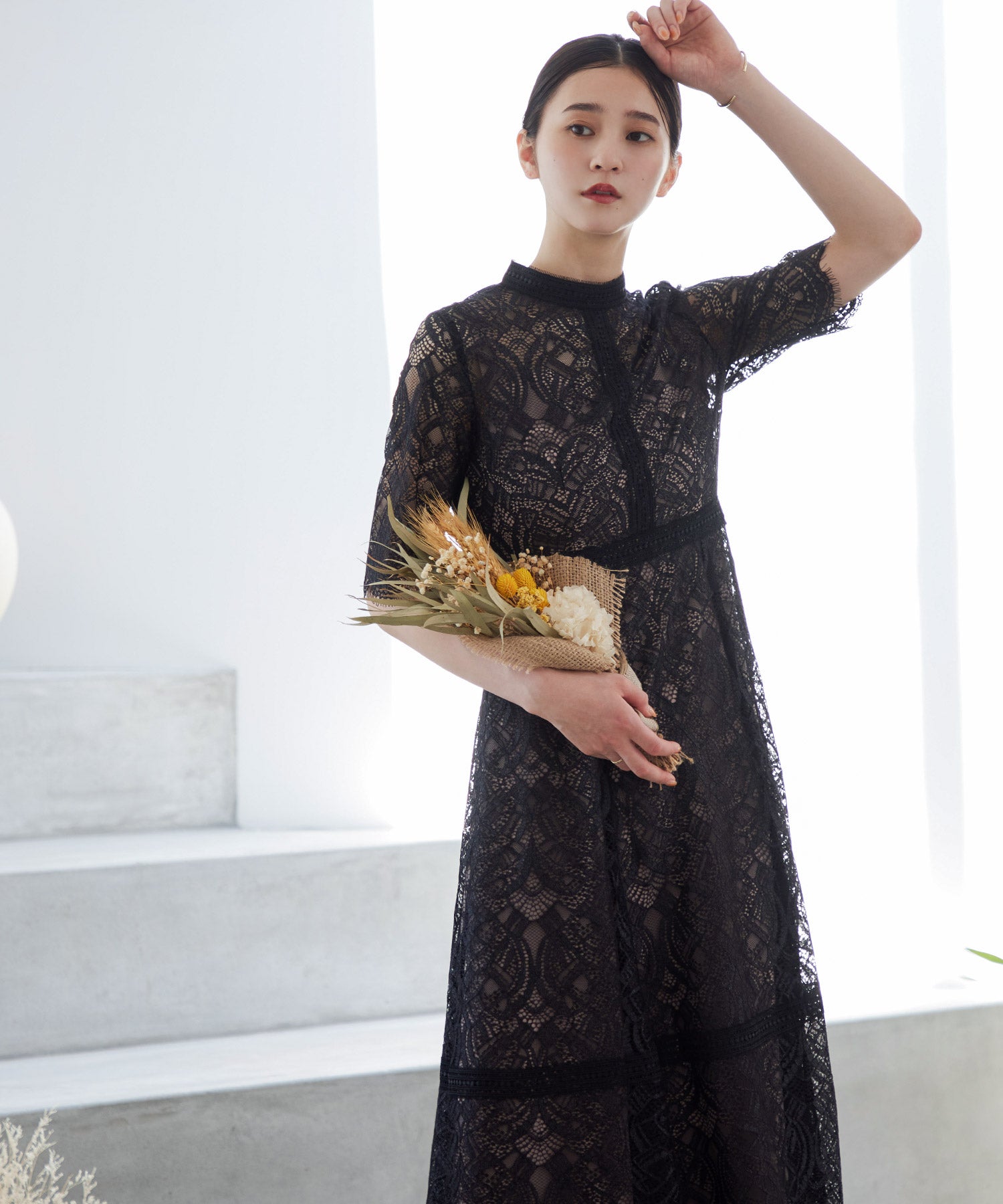 配色レース×ハシゴレース切り替えワンピースパーティードレス