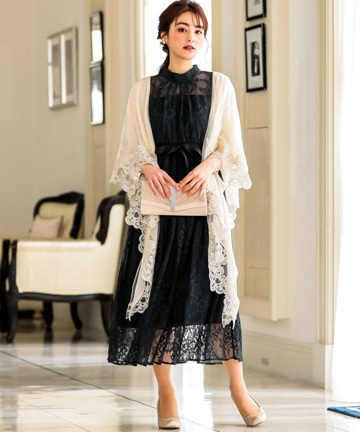 刺繍レース×チュールパーティー結婚式ボレロ｜ベルト・インナー - niana