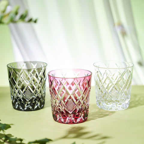 江戸切子 伝統工芸士 木村泰典 作 矢来魚子紋 オールドグラス 金赤