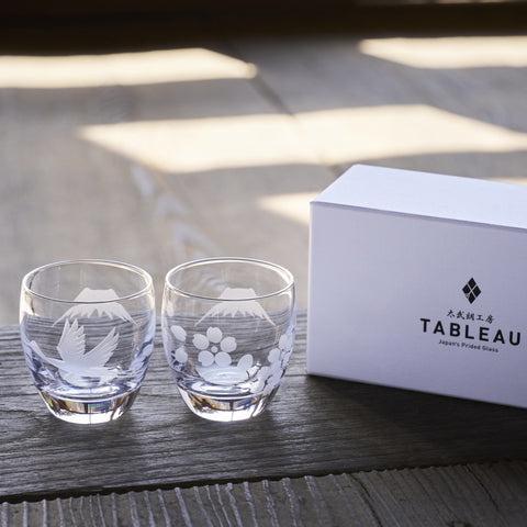 江戸切子 - 富士山に鶴・桜 冷酒ペアグラス 透き -【公式】太武朗工房