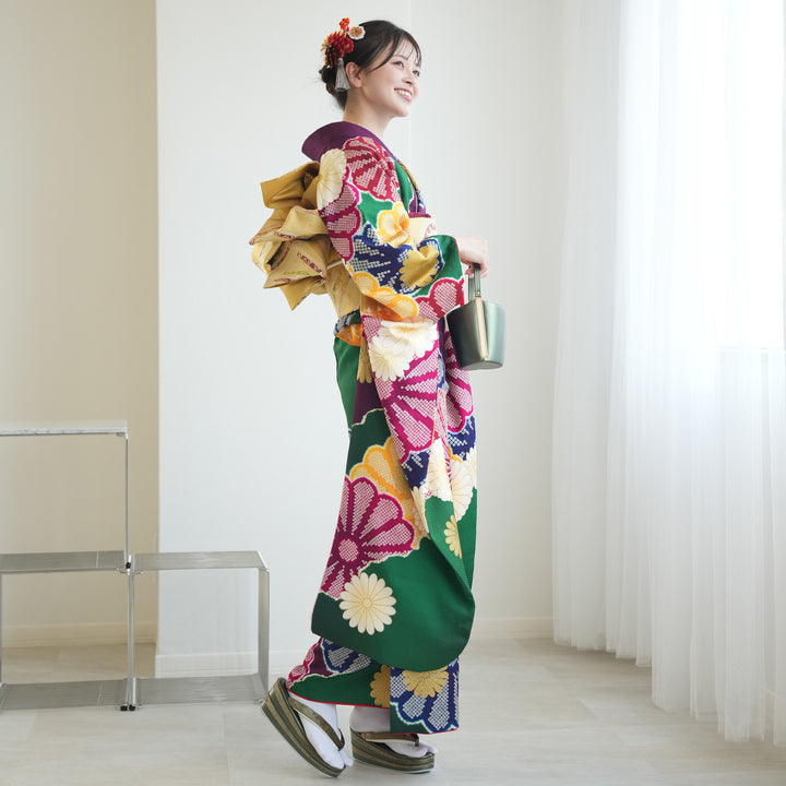 レンタル】 振袖 着物セット 正絹着物+正絹袋帯 21点セット 金彩・緑と