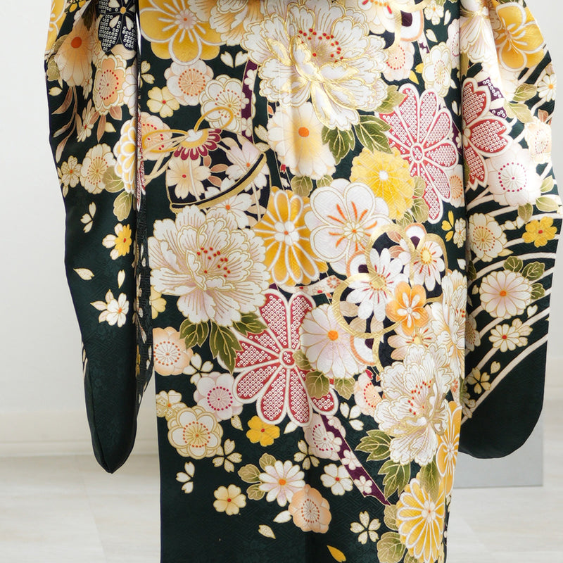 レンタル】振袖 正絹着物+袋帯 21点セット 絵羽 深緑に古典花霞