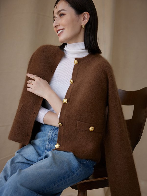 anuans ラクーンブレンドノーカラーニットジャケット アニュアンス