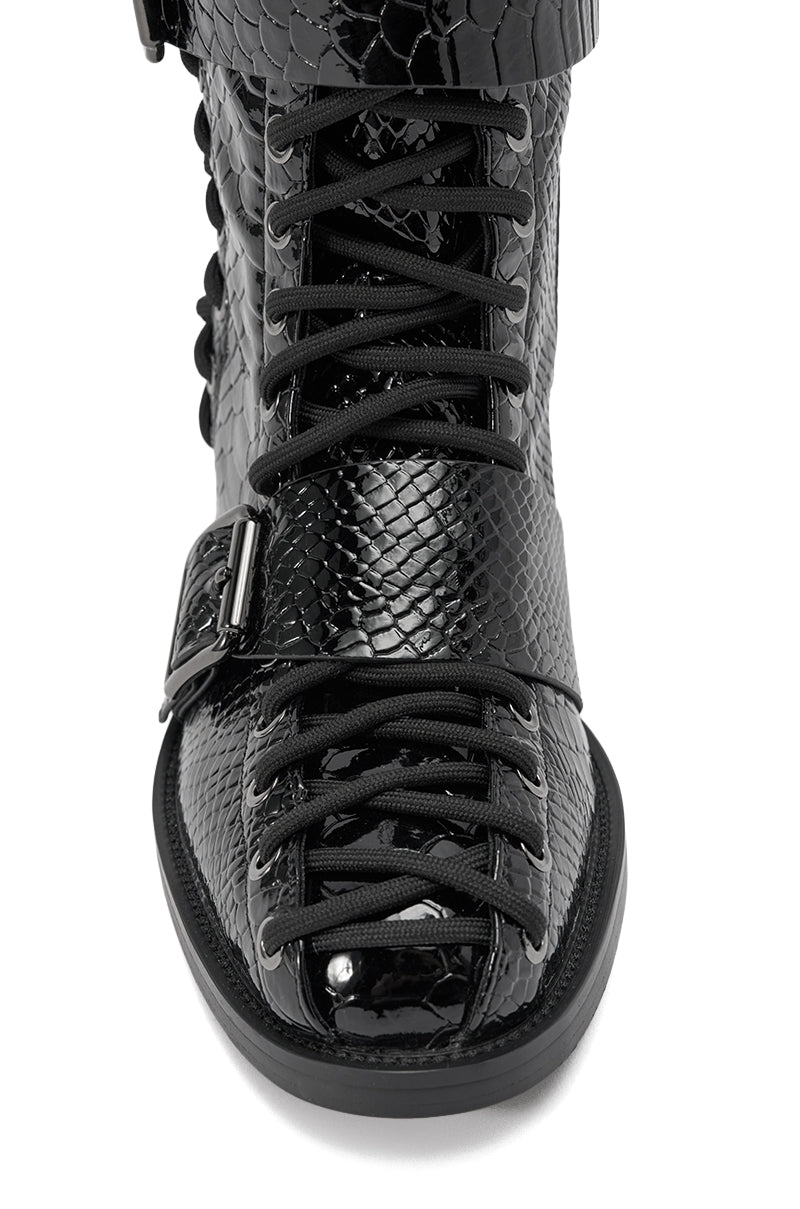 AZALEA WANG MAKAR BLACK CROC LACE UP DETAIL BOOT – AKIRA