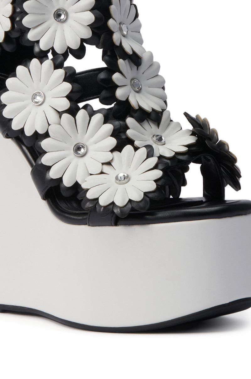 AZALEA WANG FLOWER EMBELLISHED WEDGE SANDAL IN BLACK – AKIRA