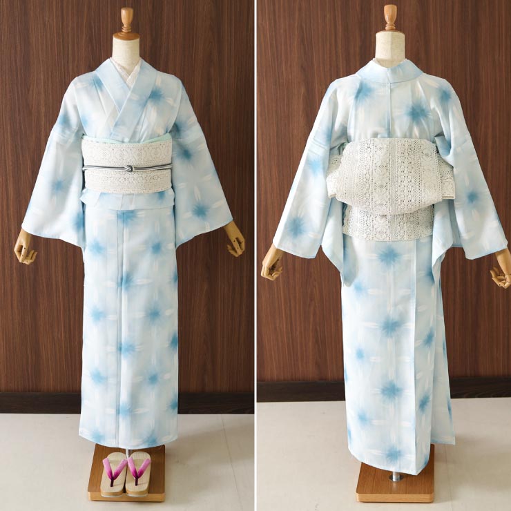 洗える 浴衣 雪花絞り 調 水色 バチ衿 お仕立て上がり セオα 東レ