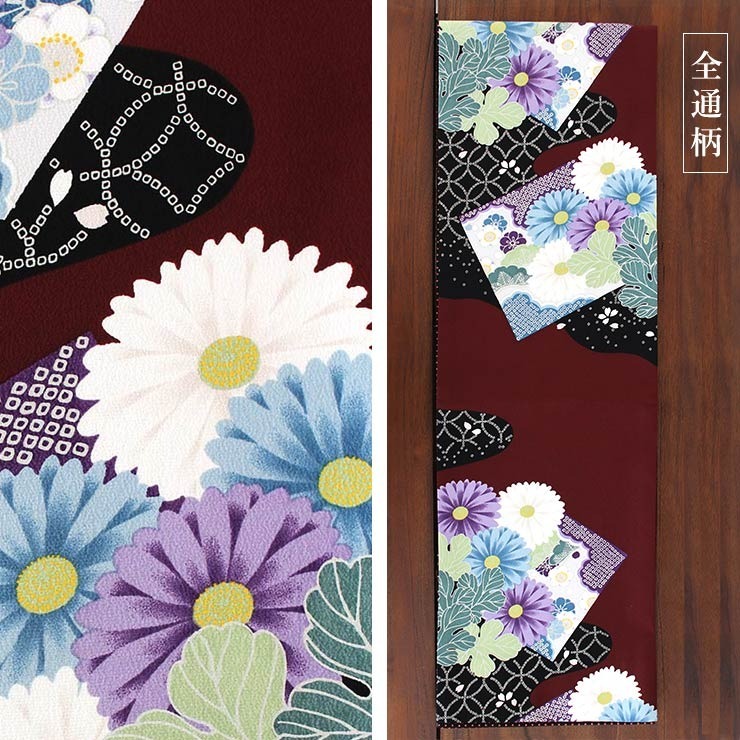 撫松庵 帯 名古屋帯 2way 一重太鼓 袋帯 色紙に菊 ( エンジ × クロ