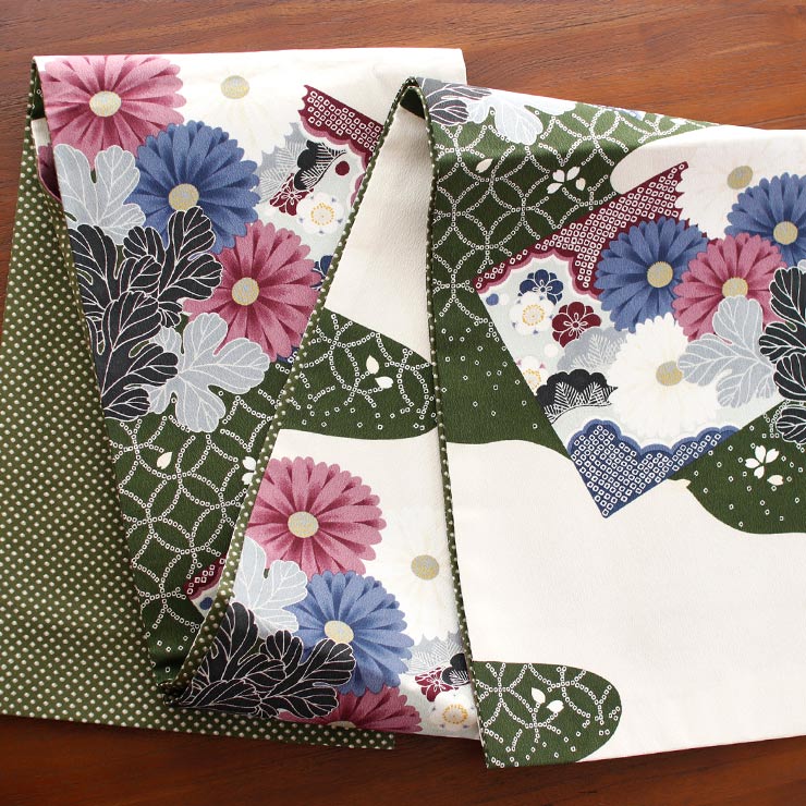 撫松庵 一重太鼓袋帯 名古屋帯 なごや帯 染・色紙に菊 ベージュ×濃緑