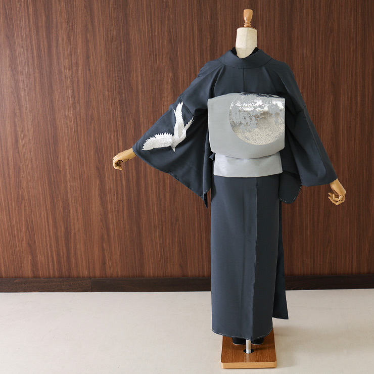 撫松庵 袷 きもの] 付下げ カラス 刺繍 86 チャコール グレー 日本製