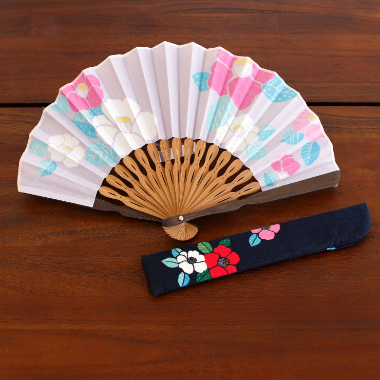 扇袋セット] 扇子 染骨 カメリア（グレー 1119s） 化粧箱 花柄