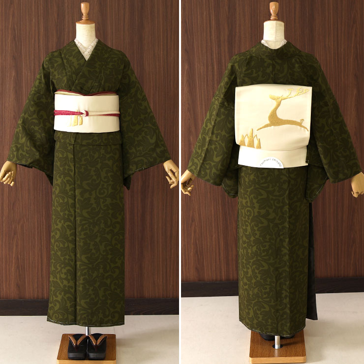 洗える 着物] 小紋 着物 袷 唐草更紗 カーキ 緑 JMA-53 無地感 色無地