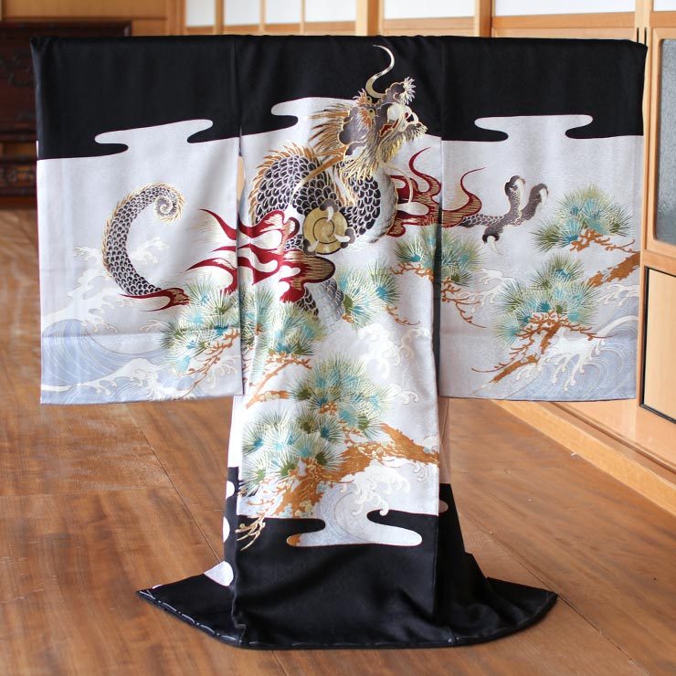 正絹] お宮参り 男の子 初着 産着 龍に松と波 黒 グレー のしめ 一つ身