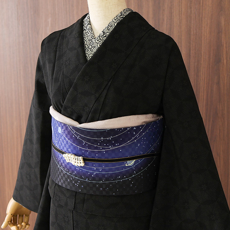 召しませ花 名古屋帯] 染め 京袋帯 惑星レコード (ブラック) 日本製