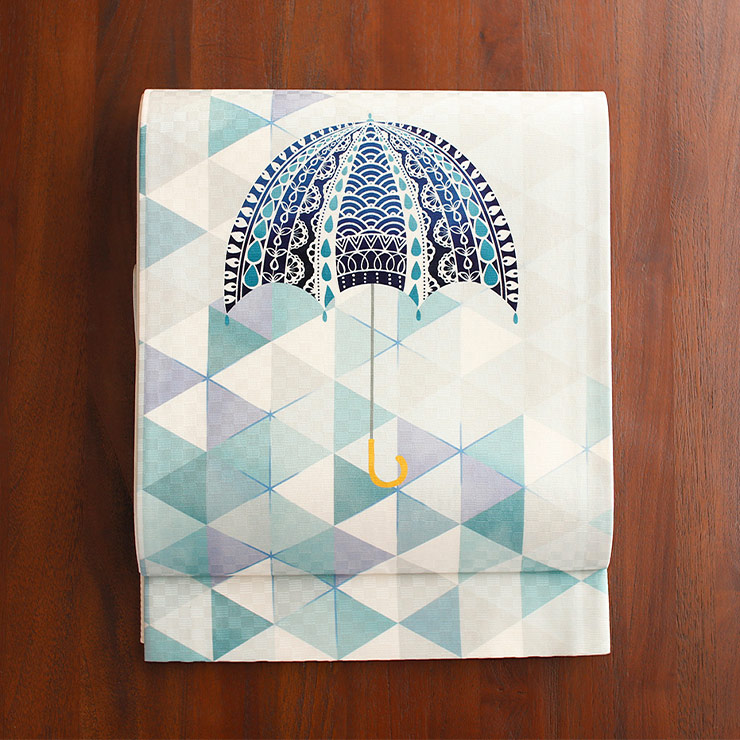 正絹 名古屋帯] 召しませ花 一重太鼓 京袋帯 モザイクパラソル (ブルー