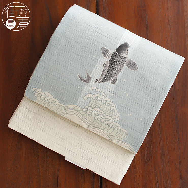 当店限定!! [夏帯] 夏名古屋帯 鯉の滝登り (麻/薄水色) リネン 日本製