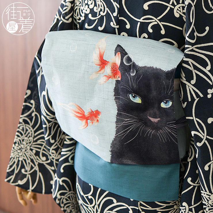 夏帯 夏 名古屋帯 金魚鉢 ブルーグレー 日本製 水色 黒猫 泡 召しませ
