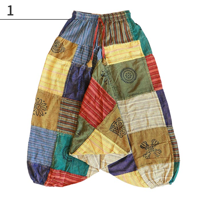 エスニック サルエルパンツ パッチワーク チベット模様 ストライプ