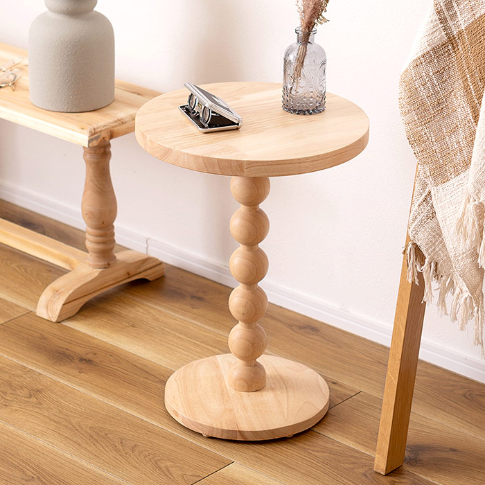 円形木製サイドテーブル 直径35cm ラウンドテーブル 無垢材 木目 白