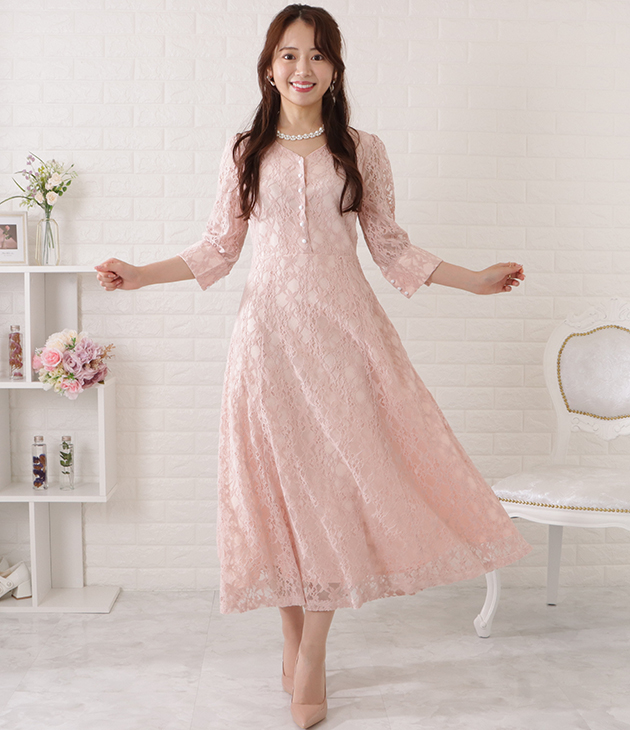 Lace Ladies（レースレディース） 総レース7分袖Vネックフレア