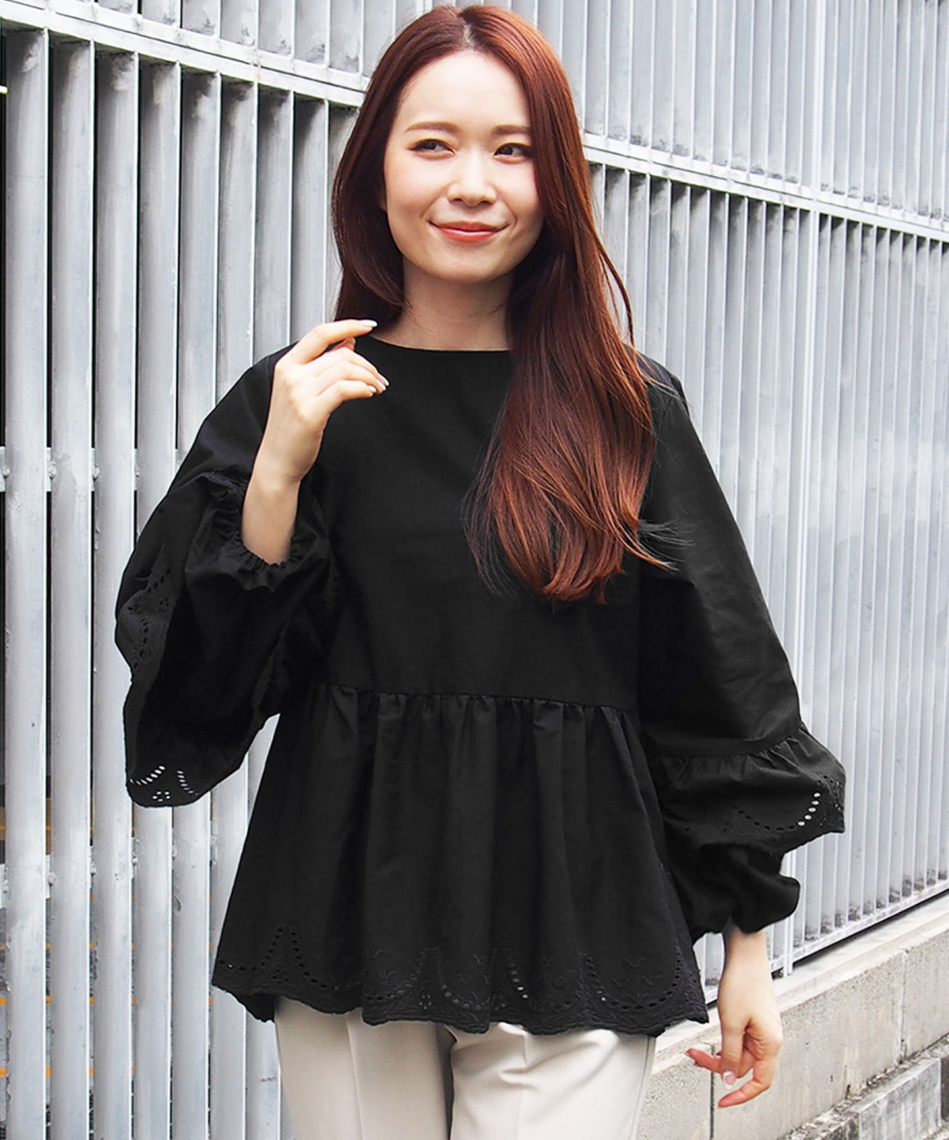 スカラップブラウス レディース トップス 綿100%袖 シャツ 長袖 (郵2