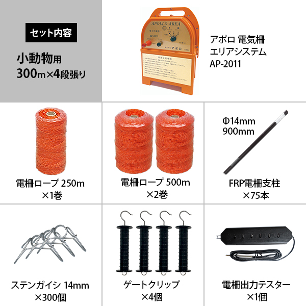 アポロ 電気柵 小動物用 300m×4段張りセット FRP支柱仕様 (エリア
