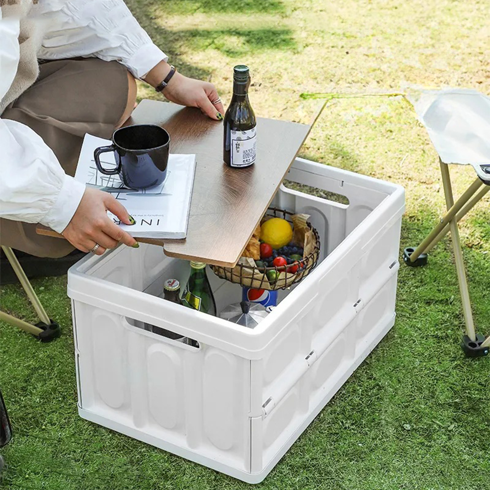 折りたたみ 収納ボックス Mサイズ 木板蓋付き 積み重ね 組立簡単