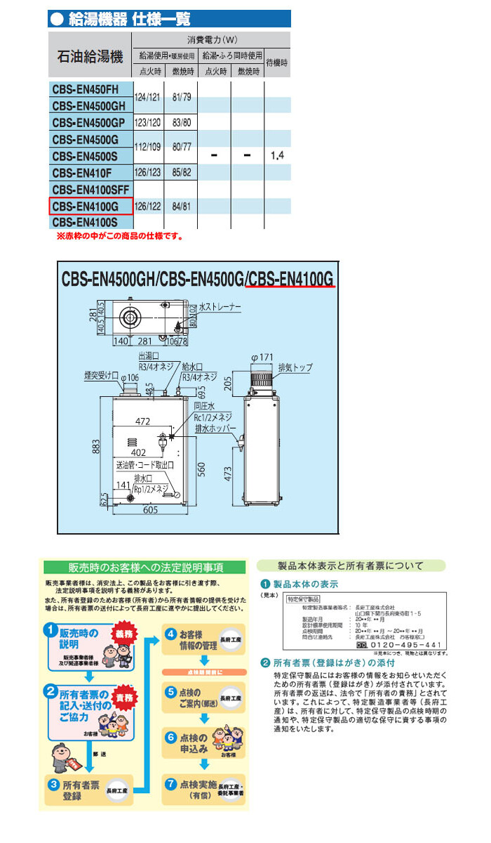 給湯専用 灯油ボイラー CBS-EN4100G 長府工産 デジタルリモコン付き