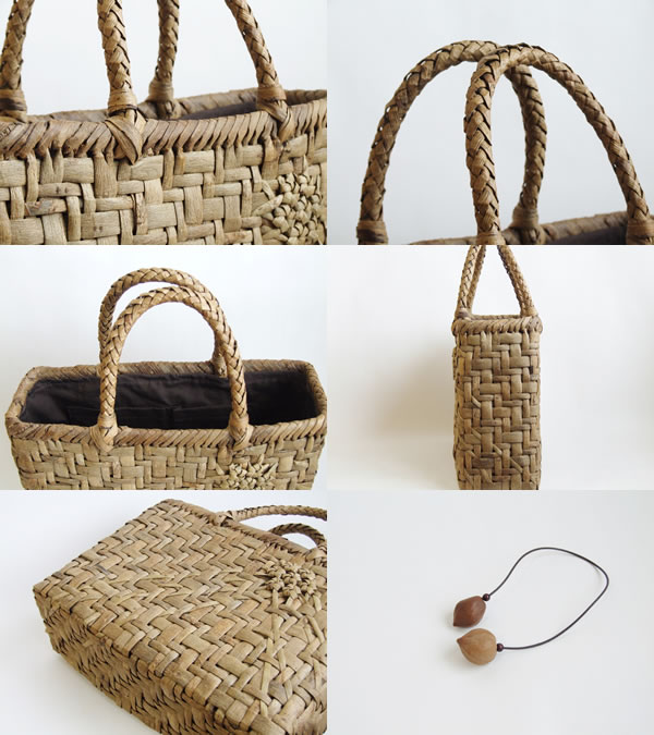 純国産 伊藤加代子作 沢くるみかごバッグ 網代編み 花模様編み＋ 樹皮