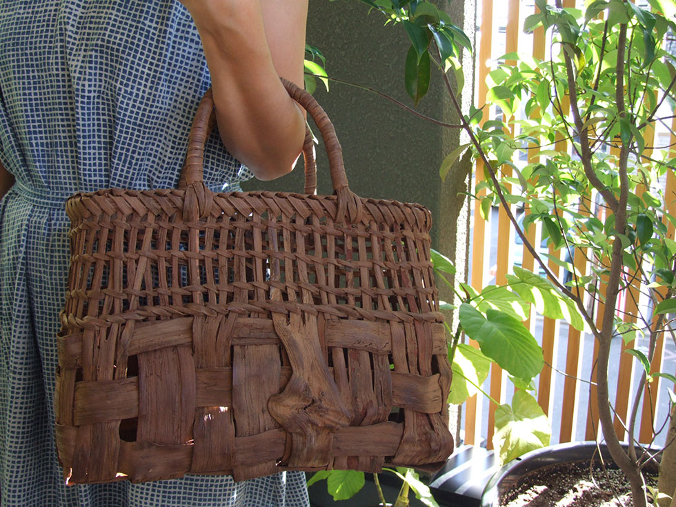 純国産 籠作家悠帆さん作 山葡萄かごバッグ 乱れ編み上部透かし編み