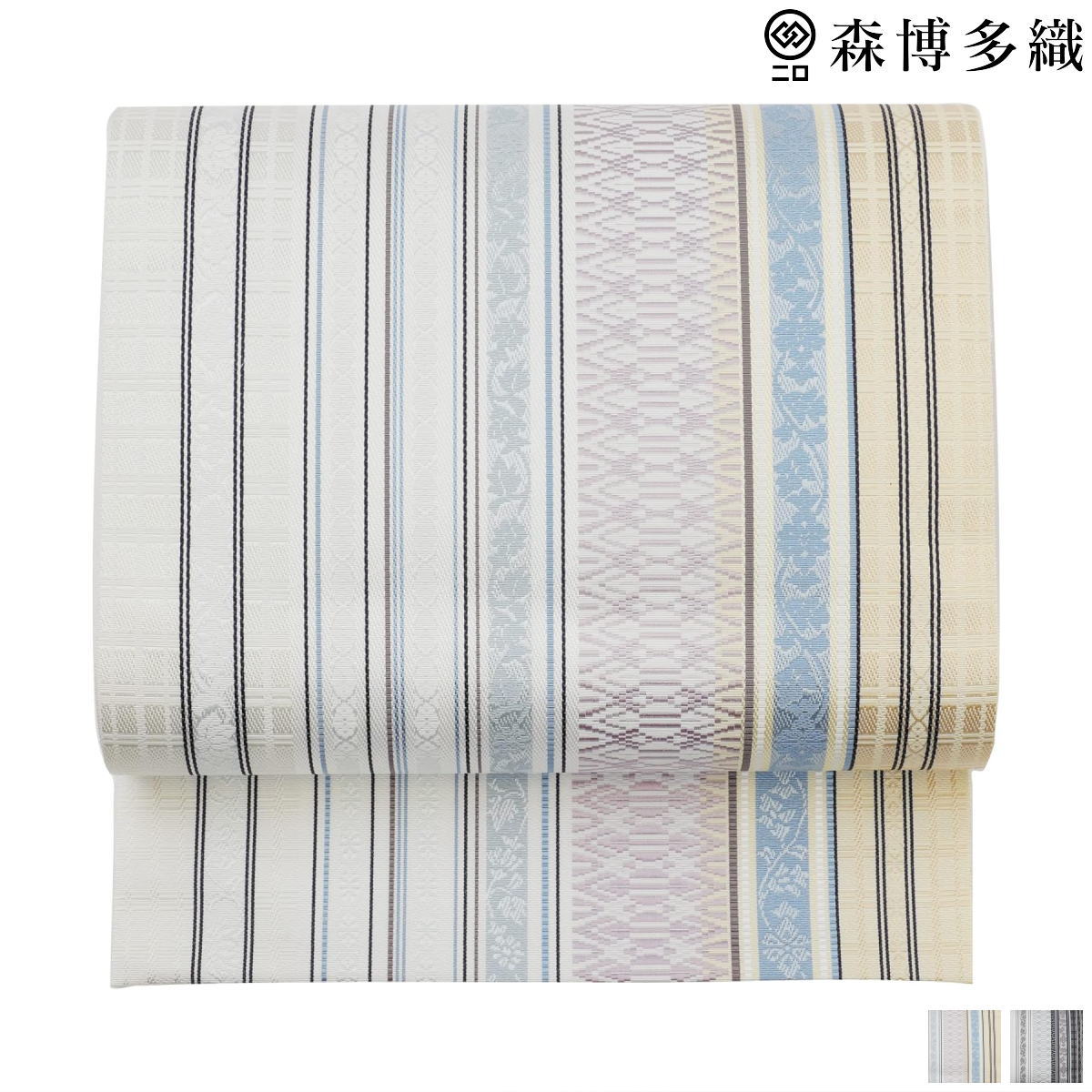 森博多織 博多織 平地八寸 名古屋帯 間道 変わり献上格子柄 ホワイト