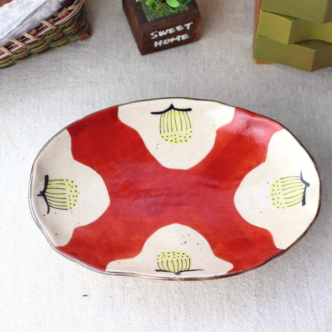 赤絵三善 煮魚が似合う手描き三ツ足楕円皿 22cm 美濃取寄 日本製 美濃