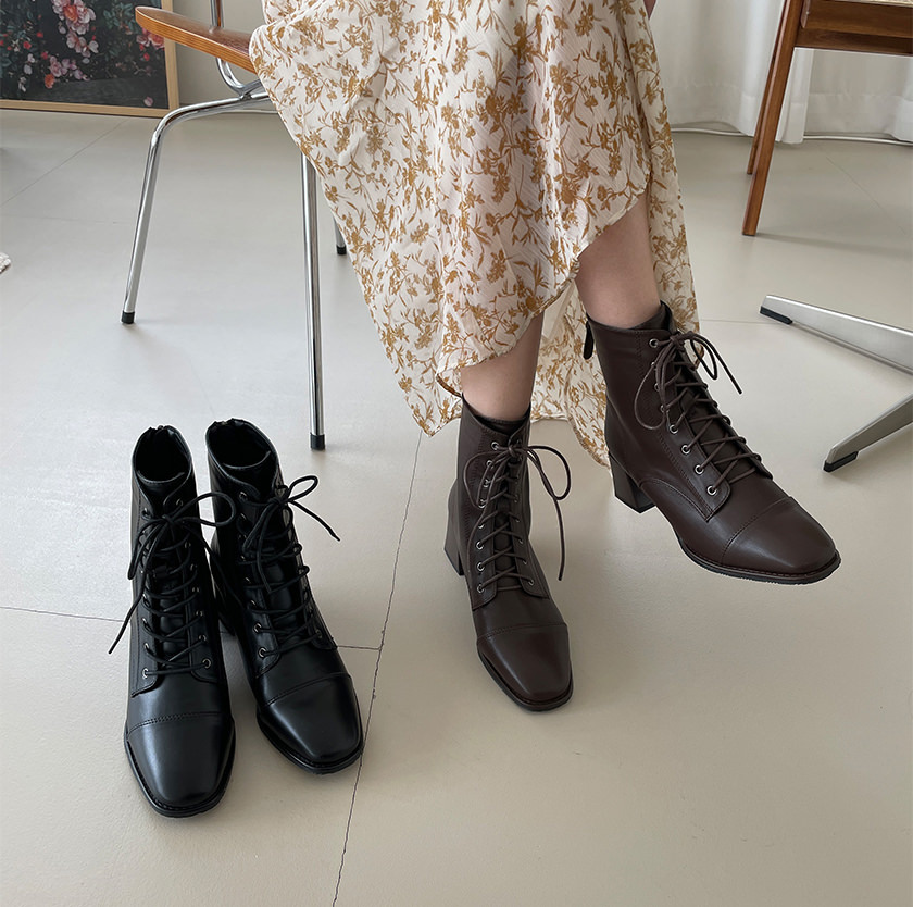 ショートブーツ スクエアトゥ レースアップ サイドジップ レディース