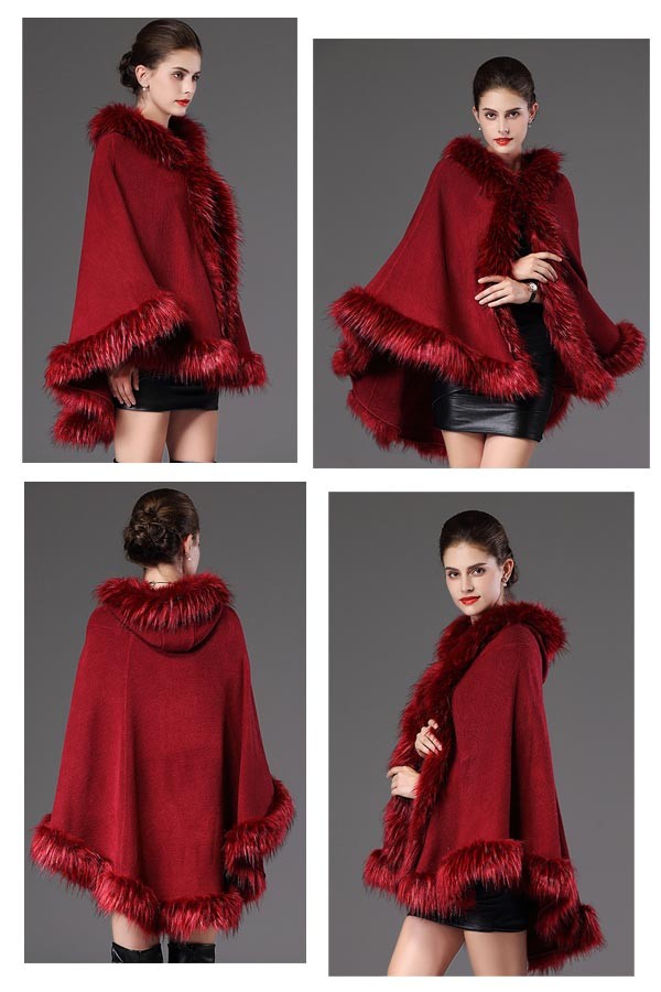 ケープショールコート カシミヤ フード付き フェイクファー ポンチョ