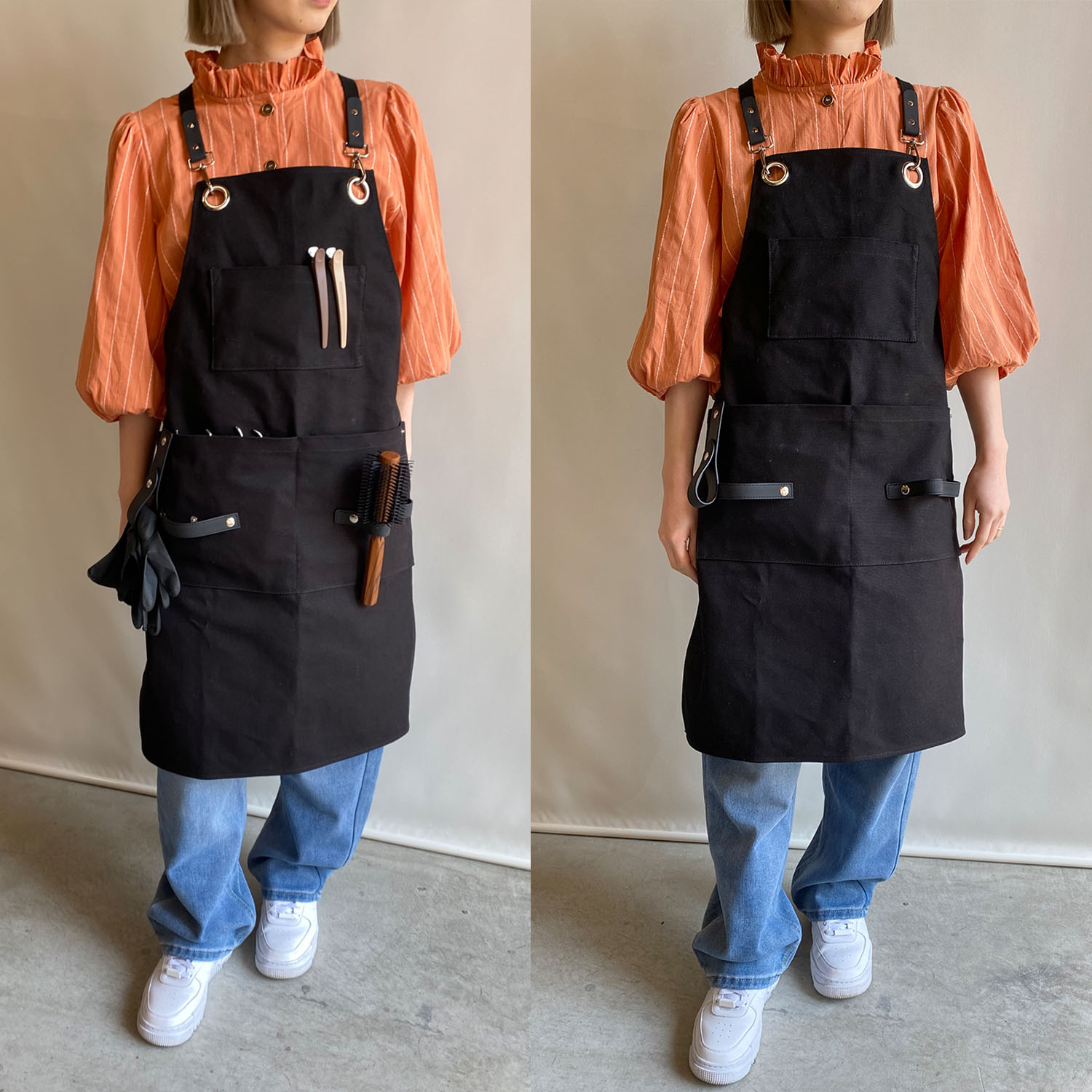 DEEDS エプロン 美容師 シザーホルダー付きエプロン ブラック 4丁入れ