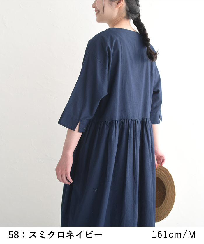 earth_eco_loco M〜3L 綿麻 ウェスト切替 半袖 ギャザーワンピース