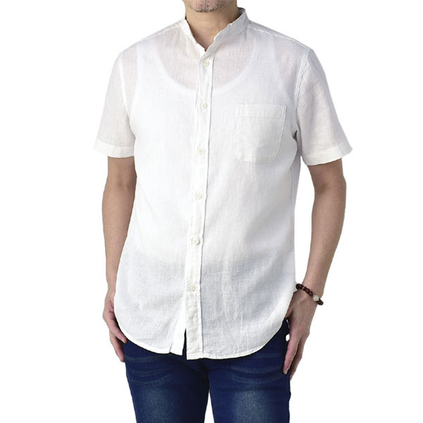 FLAG ON CREW 麻混バンドカラーシャツ メンズ 半袖シャツ リネンシャツ