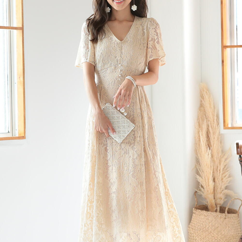 お洒落な お出かけ ワンピース 春 夏 レース 長め丈 半袖 結婚式