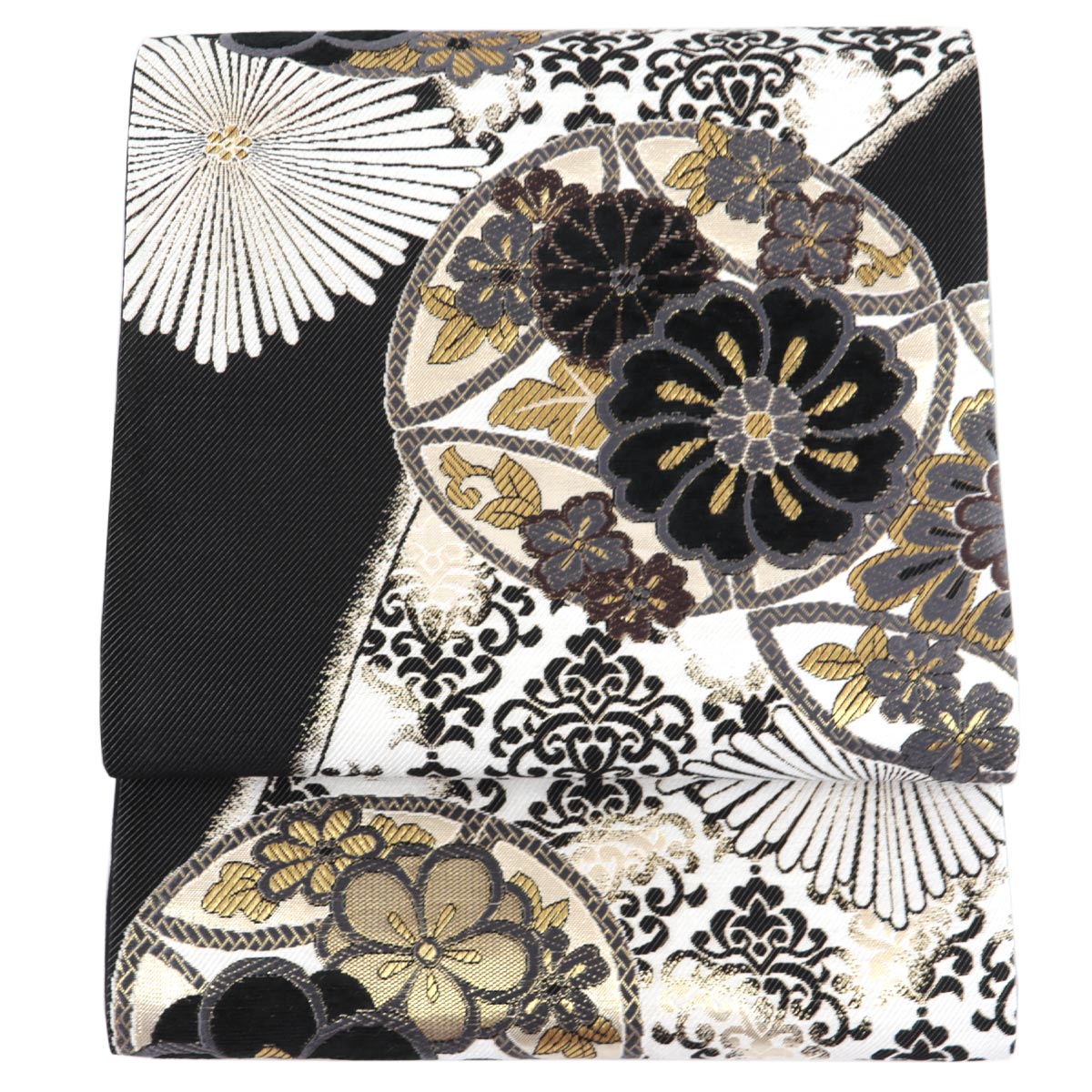 袋帯 振袖用 -22- 西陣織 大光 六通柄 絹混 白黒地/金 七宝・花柄