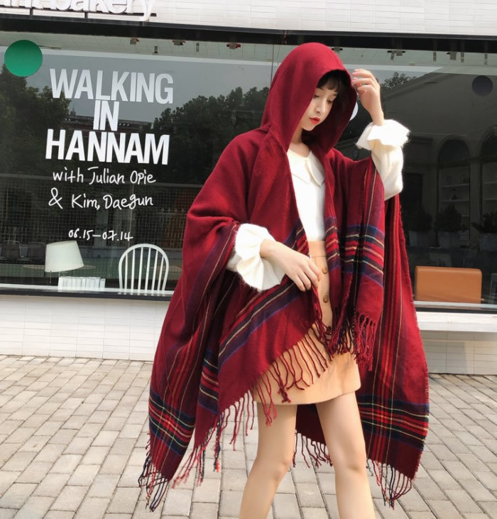 爆買 ポンチョ フード付 ストール 大判 ケープ フード付き チェック