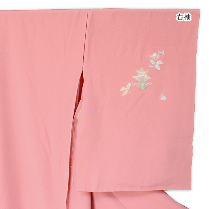 着物 付け下げ 正絹 相良刺繍 紅梅色地 草花 仮絵羽 絹 きもの 附下げ