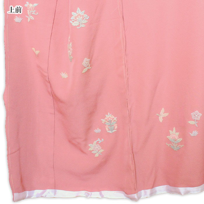 着物 付け下げ 正絹 相良刺繍 紅梅色地 草花 仮絵羽 絹 きもの 附下げ