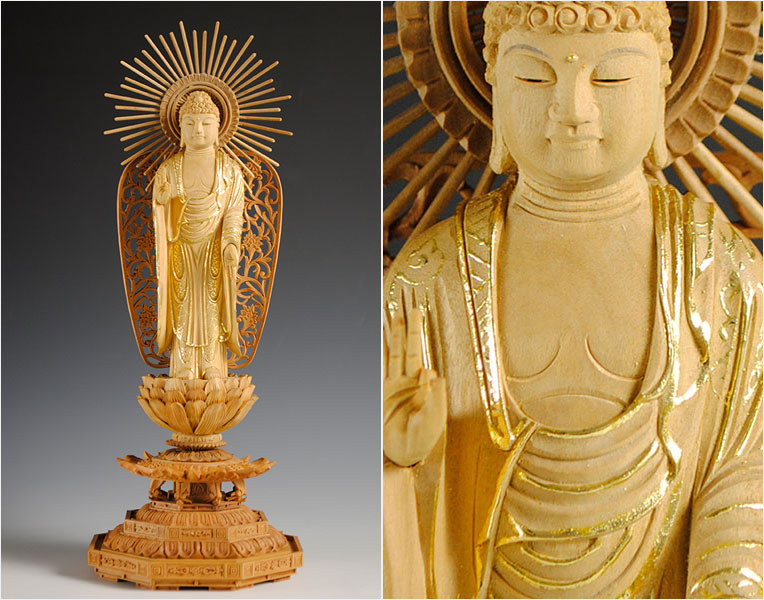 白檀材・甘くさわやかな香り】【仏像・ご本尊】【水晶眼入り・切金】立