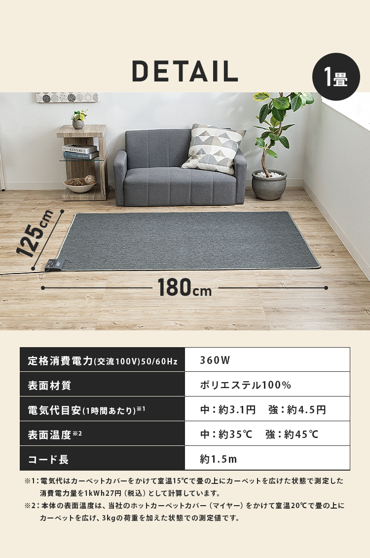 ホットカーペット 1.5畳 本体 TEKNOS 125×180cm おしゃれ 節電 ダニ