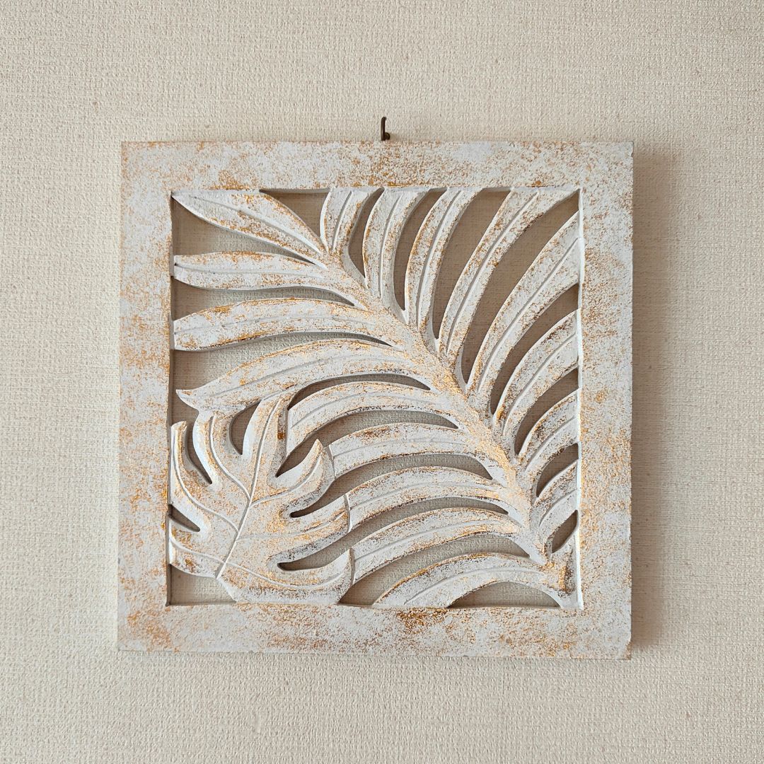 木製 レリーフ 壁掛け 30×30 A ヤシ＆モンステラ 彫刻 MDF インテリア