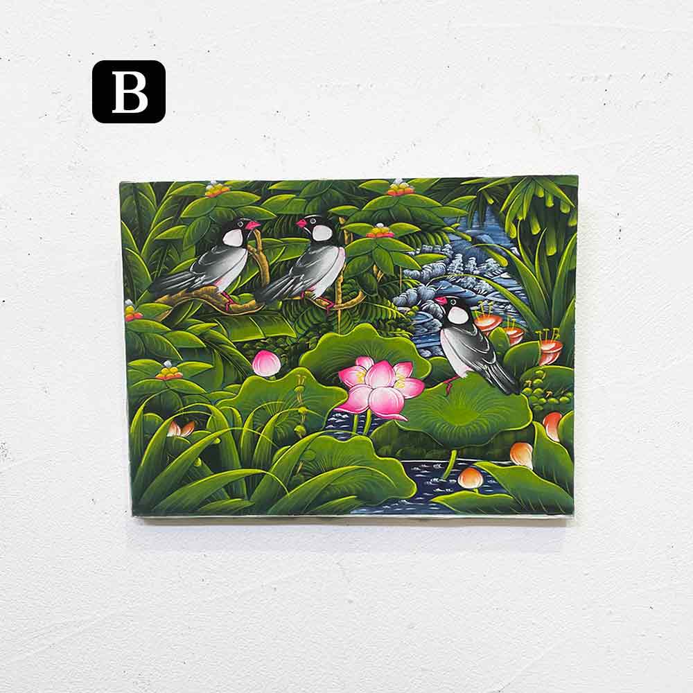 バリ絵画 鳥の絵 3羽 小鳥 白サギ W40×H30cm ブンゴセカン 癒し 花鳥