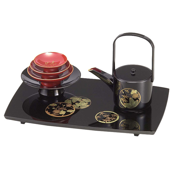 お屠蘇セット おしゃれ 日本製 国産 会津漆器 四ツ揃 屠蘇器 花丸 黒