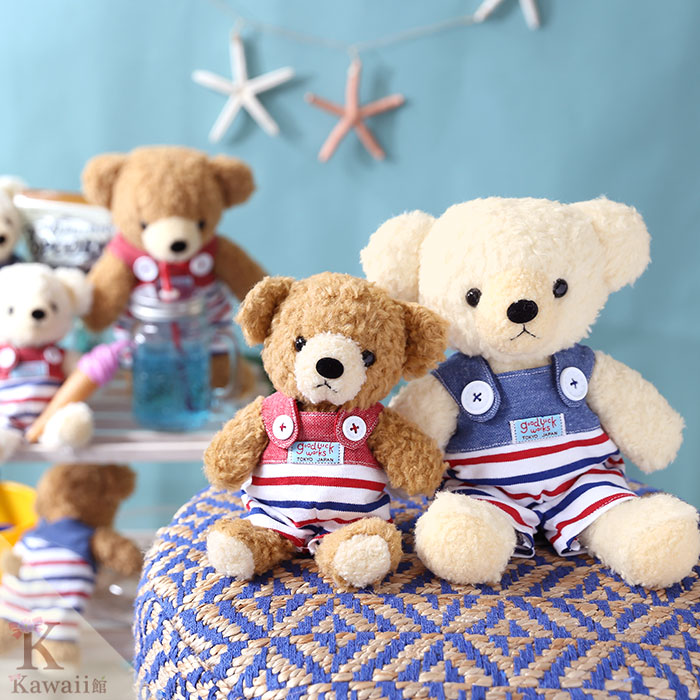 くま ぬいぐるみ クマのフカフカ サロペット 横縞レッド S ブラウン