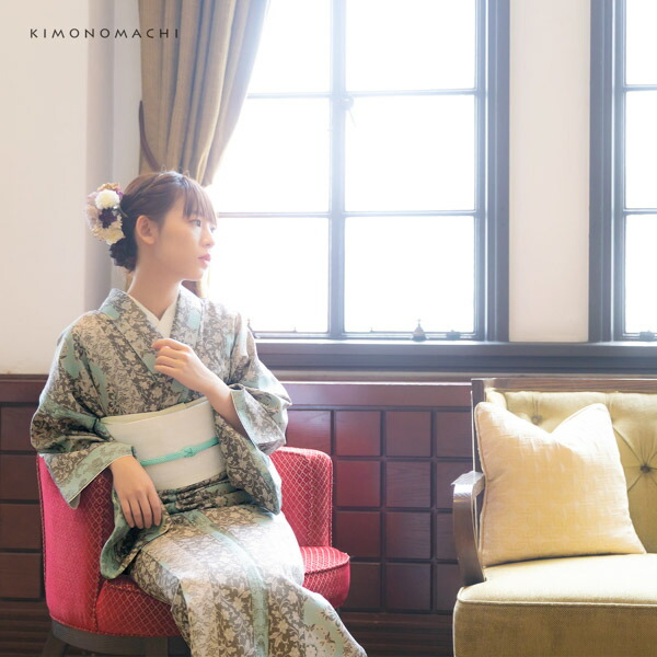 KIMONOMACHI 洗える着物 袷着物単品 「縞更紗 水色」 オリジナル