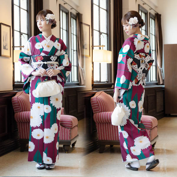 KIMONOMACHI 洗える着物 袷着物単品「矢羽根に菊 赤紫色」 きもの福袋