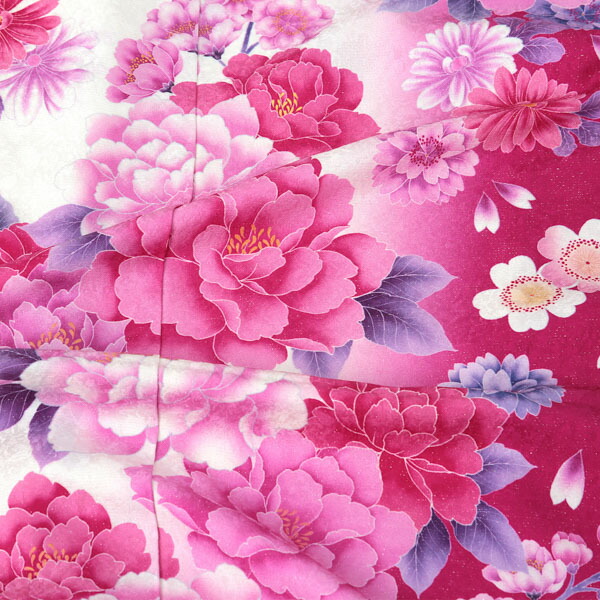 未仕立て 振袖 単品 「白×赤紫 牡丹」 仮絵羽 振り袖 正絹 着物